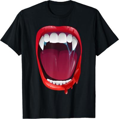 Scary Vampire Fangs Lips Teeth Blood Dracula Halloween T-Shirt(1)