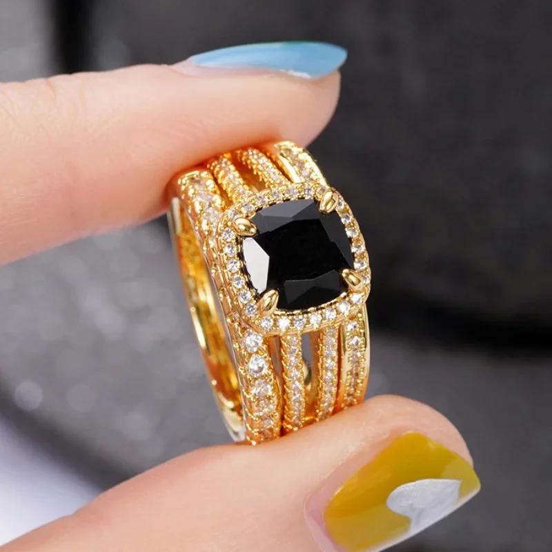 Elegant Cushion Black Cubic Zirconia Set Rings Luxury S Accessories for Women Modern Design Wedding Fashion Jewelry