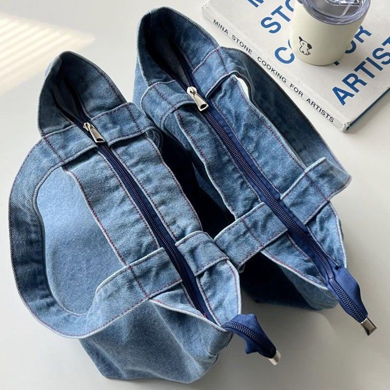 Japanese Cartoon Embroidery Washed Denim Large-capacity Handbag Student Cute Tote Bag Bucket Lunch Box Bag