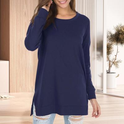 Tops Femininos Gola Redonda Manga Longa Barra Lateral Dividida Pulôver