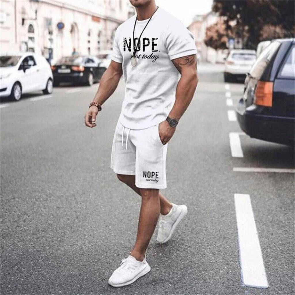Men's Summer Letter Printed Breathable Round Neck T-shirt Shorts Set Outdoor Quick Drying Casual Clothing