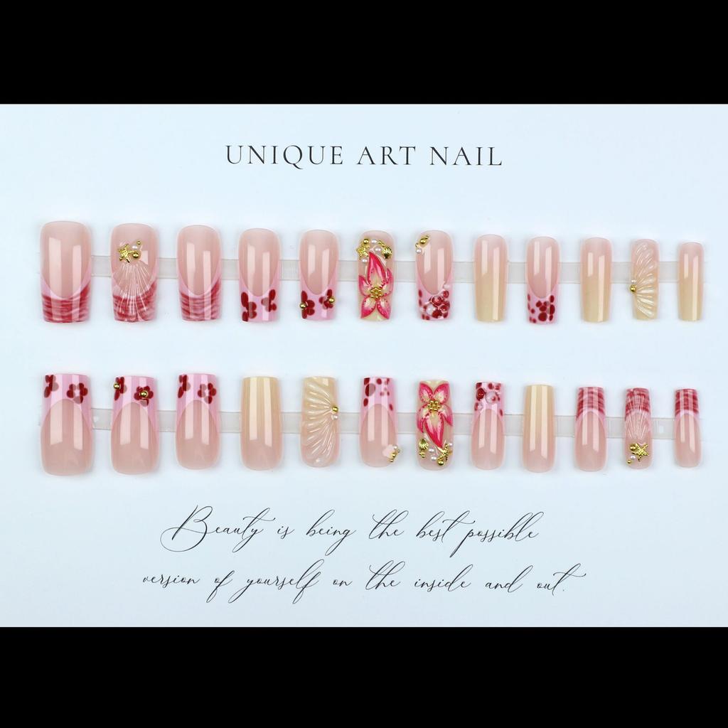 24PCS Glossy Press on Nails with Flower Decor Chip-Proof Smudge-Proof Fake Nails for Hot Girl Dress Matching