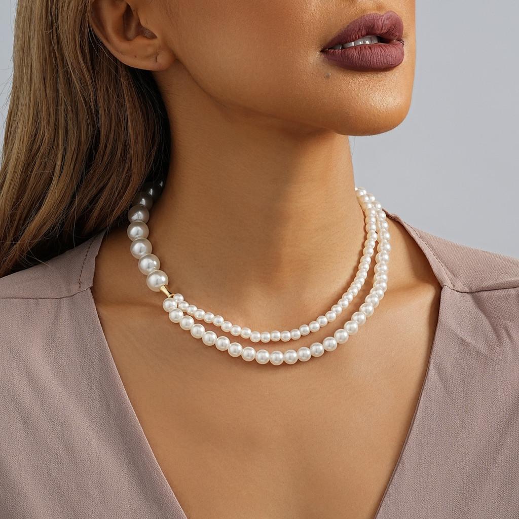 Double Beautiful Layer Pearl Necklace For Women Fashionable Geometric Design In Color White