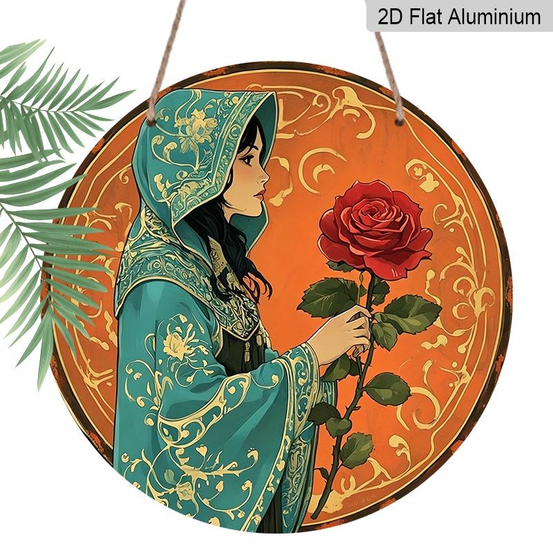 2D Flat Retro Red Rose Women's Wall Hanging Plaque, Aluminum Decorative Sign and Plaque, Various Sizes. Bohemian Ethnic Style Wall Decoration