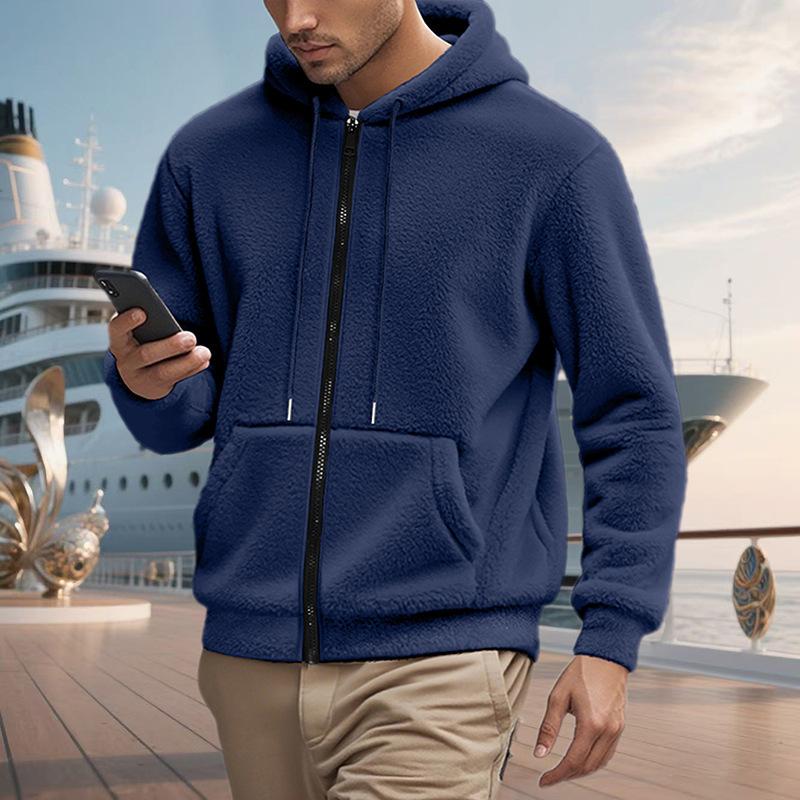 Men Casual Warm Fleece Hooded Zipper Cardigan Sweater Outerwear