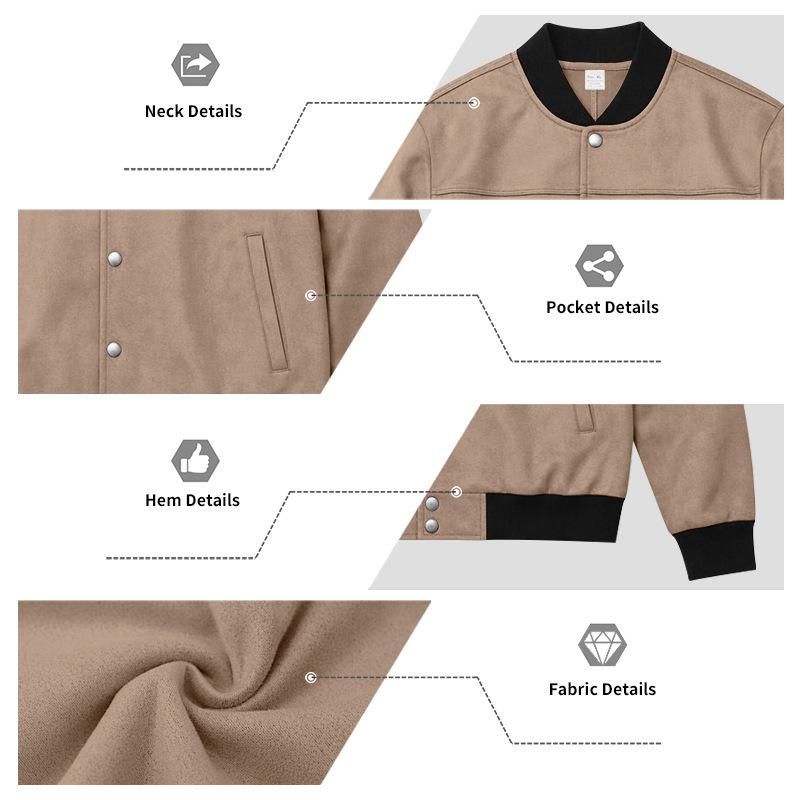 Men Faux‑Suede Bomber Jacket, Snap‑Button Front Contrast Ribbed Collar Cuffs Hem Zippered Sleeve Pocket Side Hand Pockets Casual Streetwear Outerwear