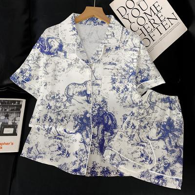 Niche Light Luxury Ink Painting High-End Ice Silk Pajamas Women'S Summer Short-Sleeved Cardigan Set Loungewear