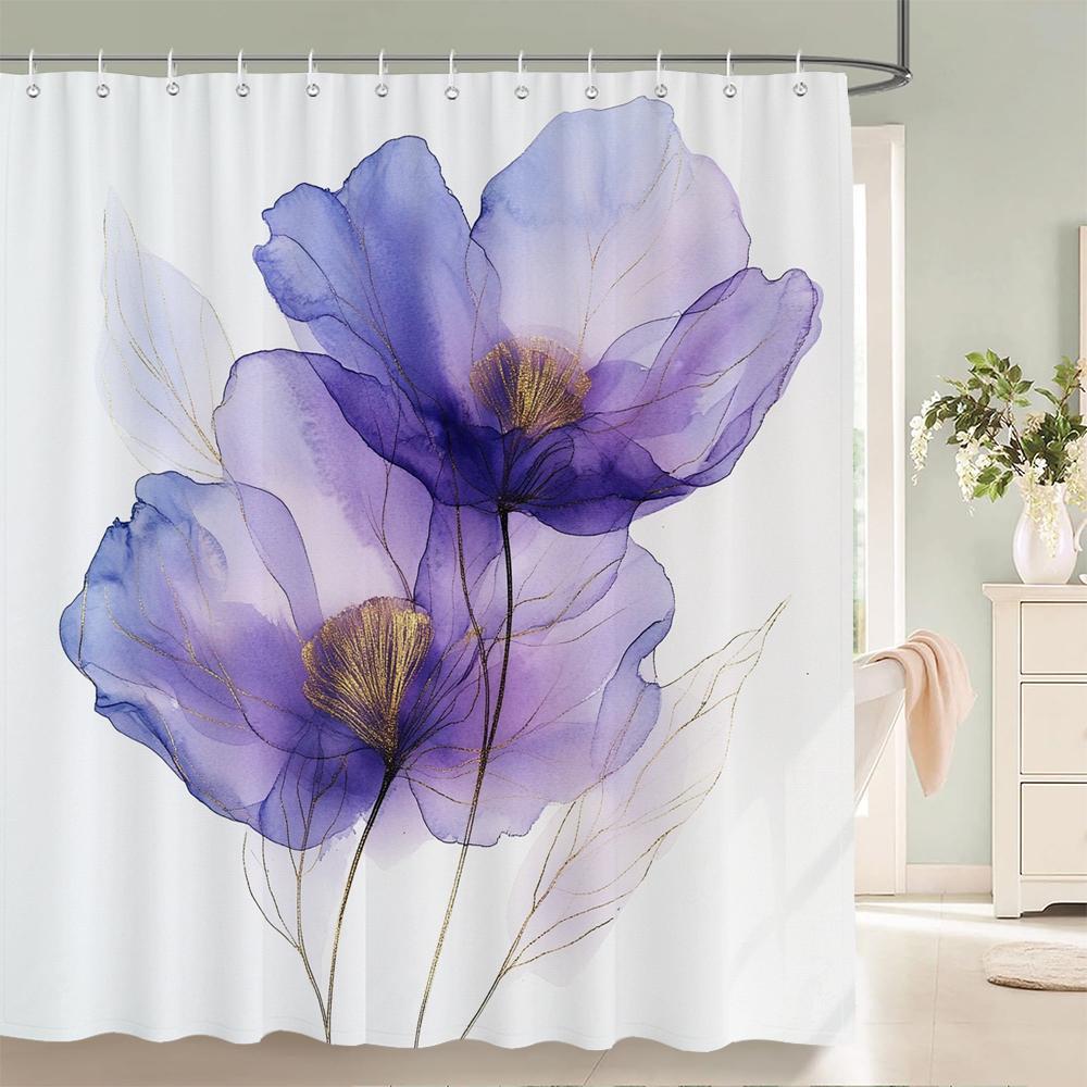 Watercolor Flowers Shower Curtain, Floral Plant Bathroom Decorative Shower Curtain, Waterproof Shower Curtain with Hooks