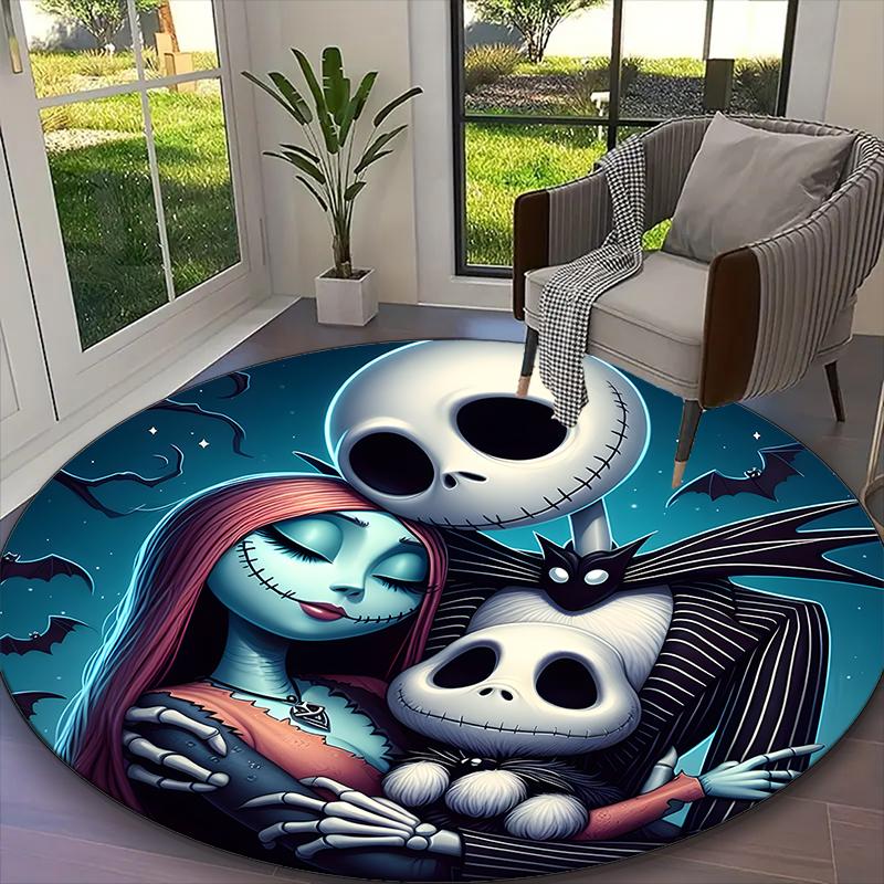 1pc Jack And Sally Christmas Tree Floral Rug, Digital Printed Home Chair Sofa Mat, Durable Office Round Carpet, Beautiful Festival Decorations