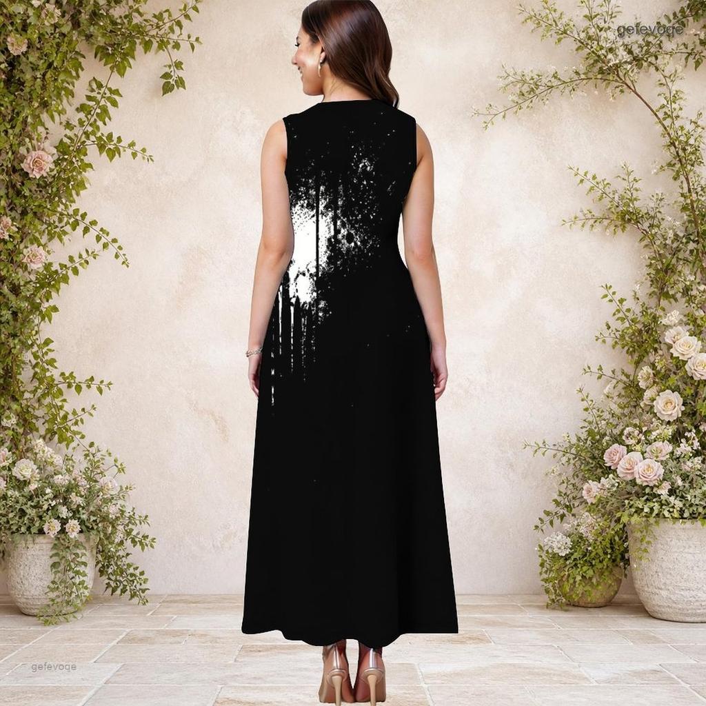 Rochie Maxi A-Line Imprimată Fără Mâneci cu Gât Rotund pentru Femei Mărimi Mari cu Buzunare Laterale
