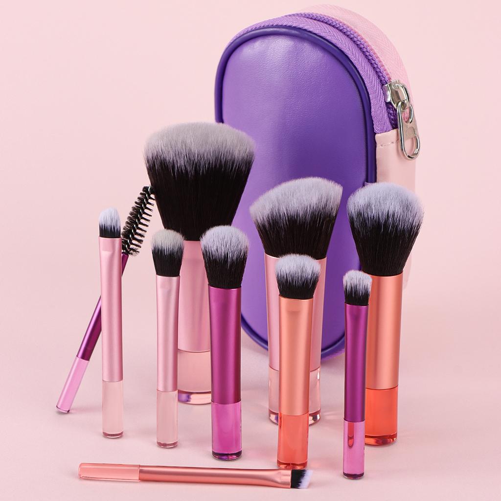 10Pcs Mini Makeup Brush Set, Crystal Handle Portable Foundation & Eyeshadow Brushes with Pouch