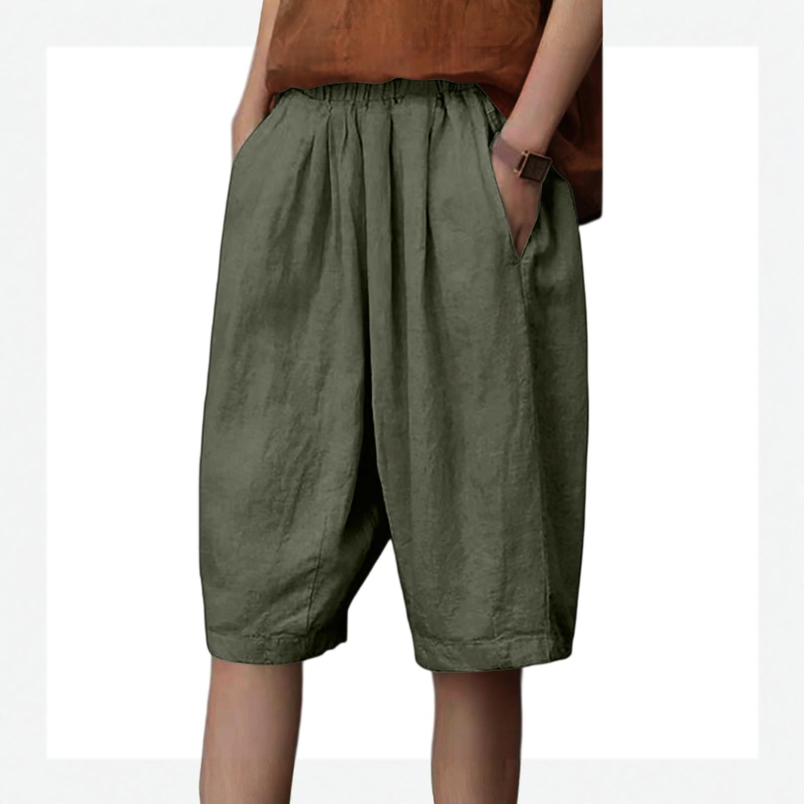 

Женские хлопково-льняные повседневные модные шорты, свободные брюки-харены, с высокой посадкой, широкие штанины S темно-зеленого