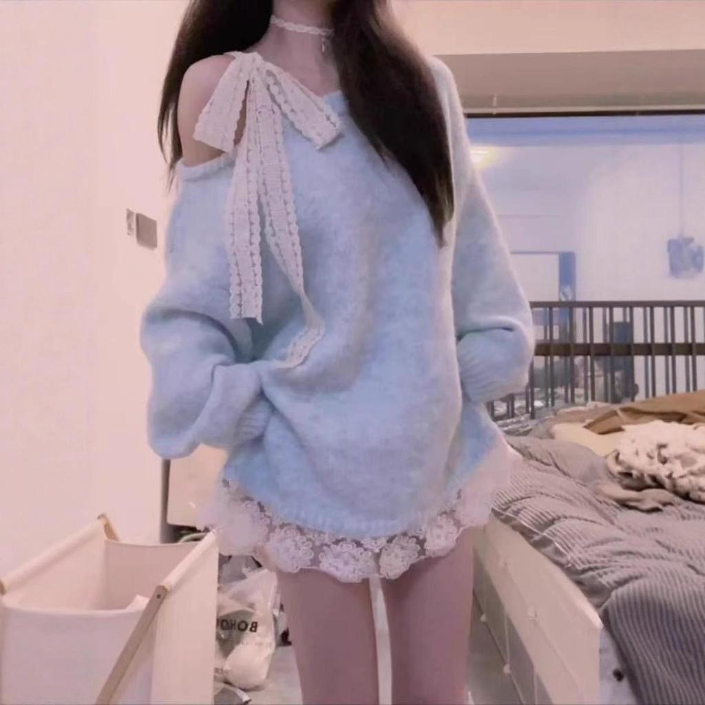 Korean High-End Lace Bow Off-Shoulder Blue Sweater - Women's Autumn/Winter Relaxed Fit Top