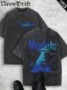 T-shirt Oversize in Cotone Lavato Vintage Modelo Cerveza Cowboy Stampa UFO Estetica Western Alien Grunge per Appassionati di Birra