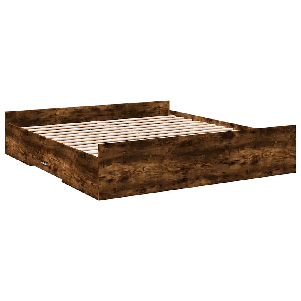 Bed Frame with Drawers Smoked Oak Finish 200x200 Cm Particleboard