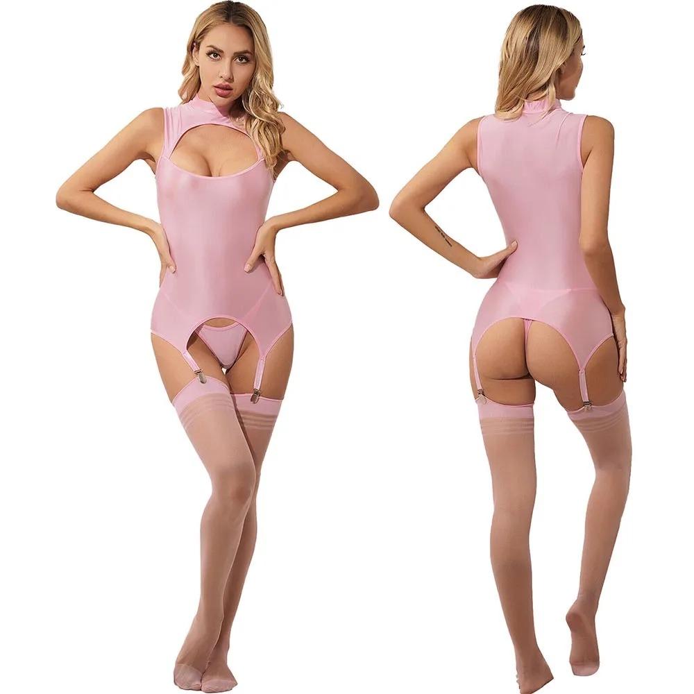 Glänzendes Damen-Teddybär-Dessous-Set mit Schlüsselloch, Strumpfgürtel, Tops, Body mit Tanga und oberschenkelhohen Strümpfen