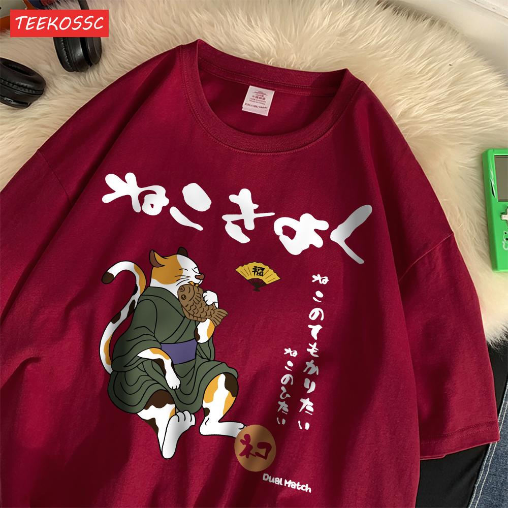 Casual Cotton WomenS TShirts Japanese Retro Fun Cats Printing Tees ONeck Loose Soft Short Sleeve Summer Street Female Clothes