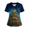 Women's Short Sleeved Christmas Printed V-neck Buttonable Side Slit Top T-shirt