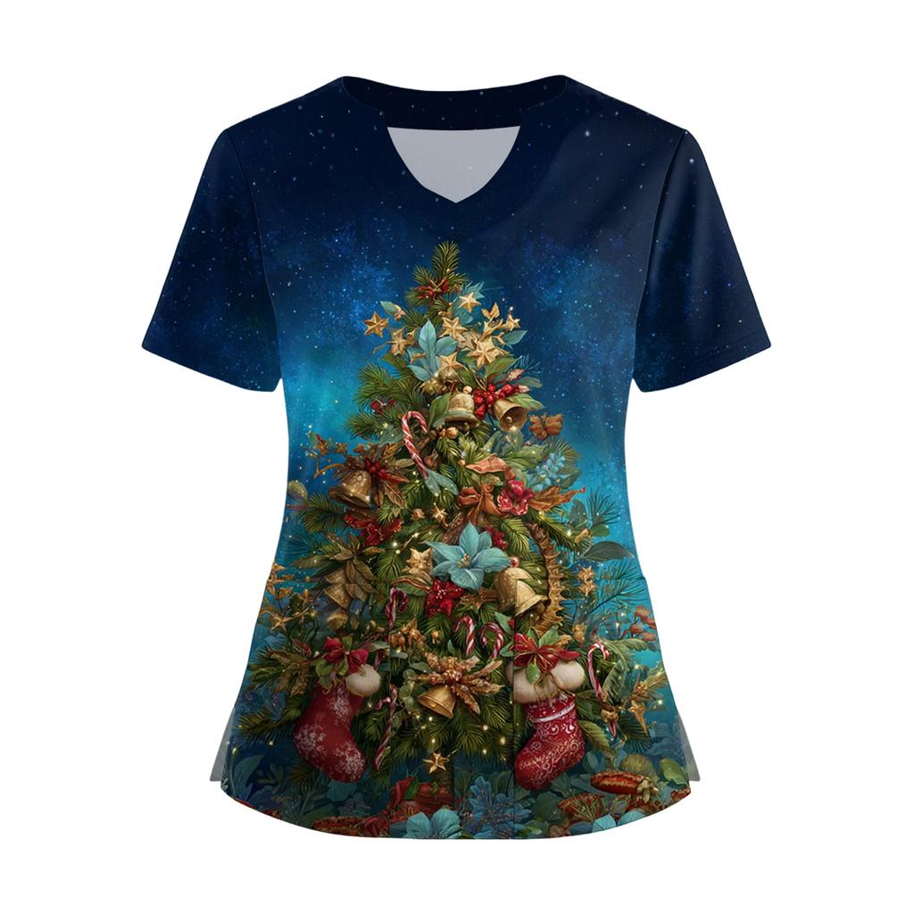 Women's Short Sleeved Christmas Printed V-neck Buttonable Side Slit Top T-shirt