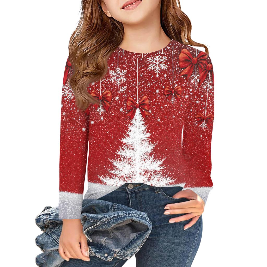 T-shirts à manches longues pour filles pour le jour de Noël, hauts d'automne pour enfants, t-shirts basiques à col rond imprimés