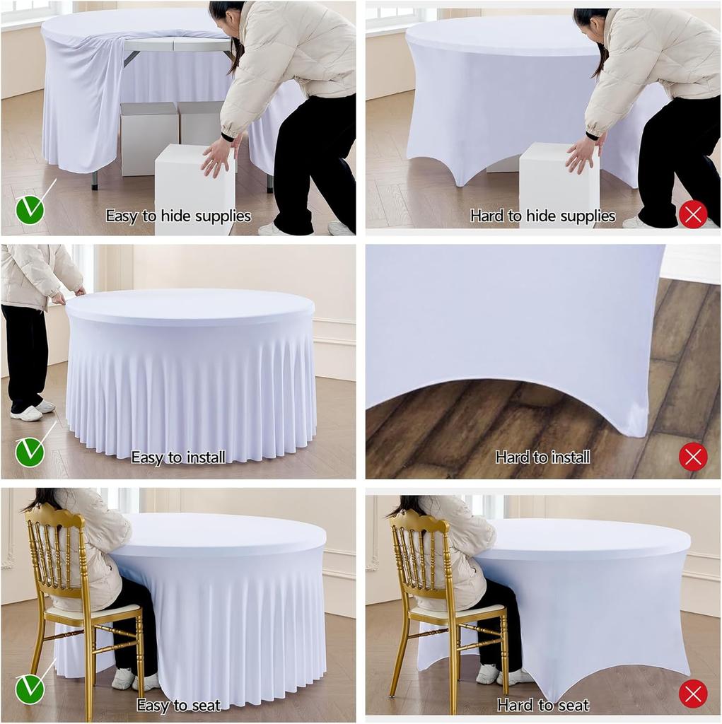 4/5/6ft Spandex Round Wedding Table Cover Wrinkle Free Stretch Fitted with Ruffle Skirt For Baby Shower Wedding Party Banquet