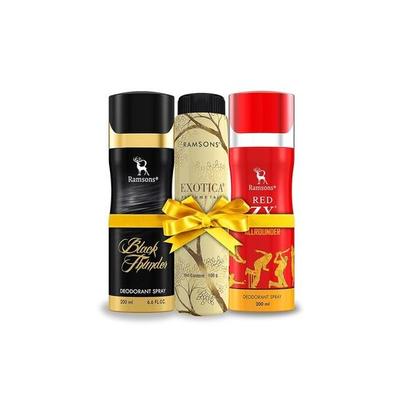 RAMSONS Deo Talkum Combo | 1 Red ZX - Allrounder Deodorant Spray - 200ml | 1 Black Thunder Deodorant Spray - 200ml | 1 Exotica Parfüm Talkum - 100gm