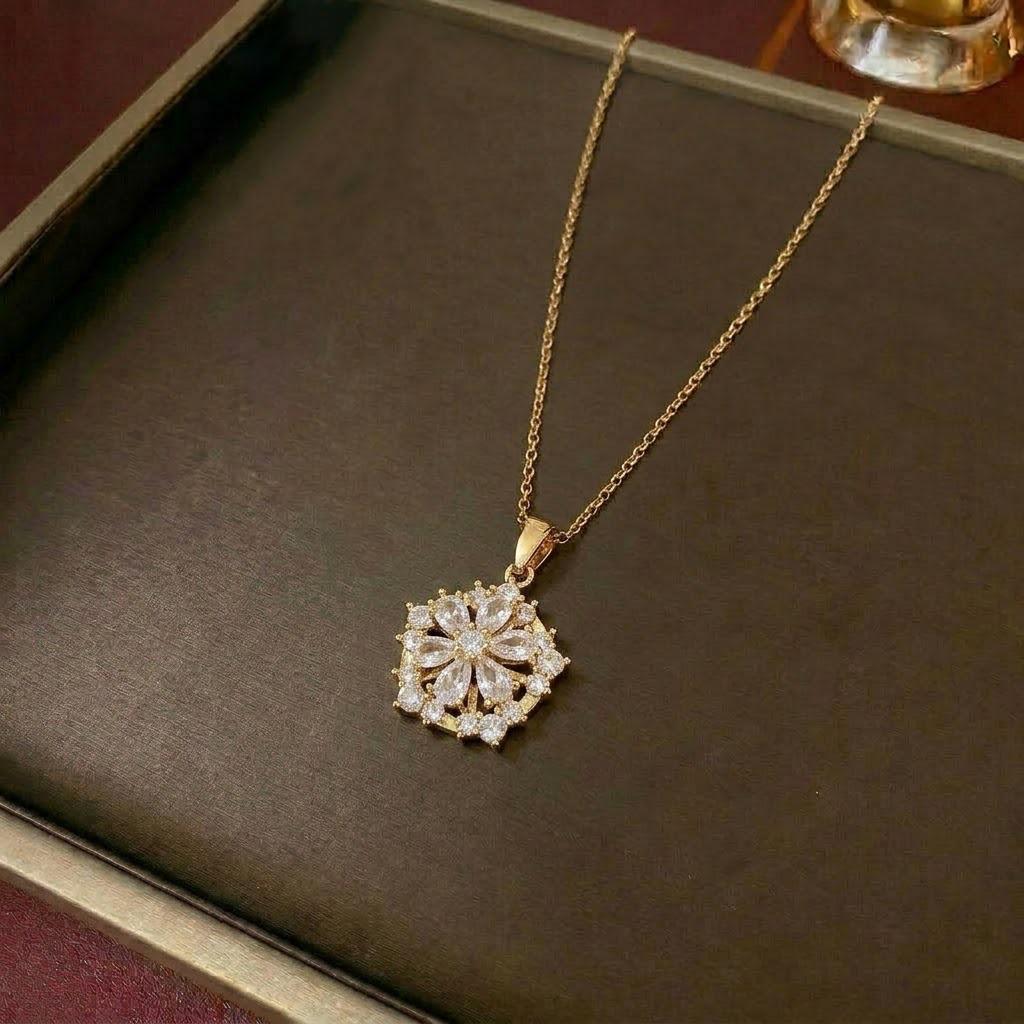 Women's Fashion Necklace & Bracelet Set: Flower Pendant, Diamond Bauhinia Earrings