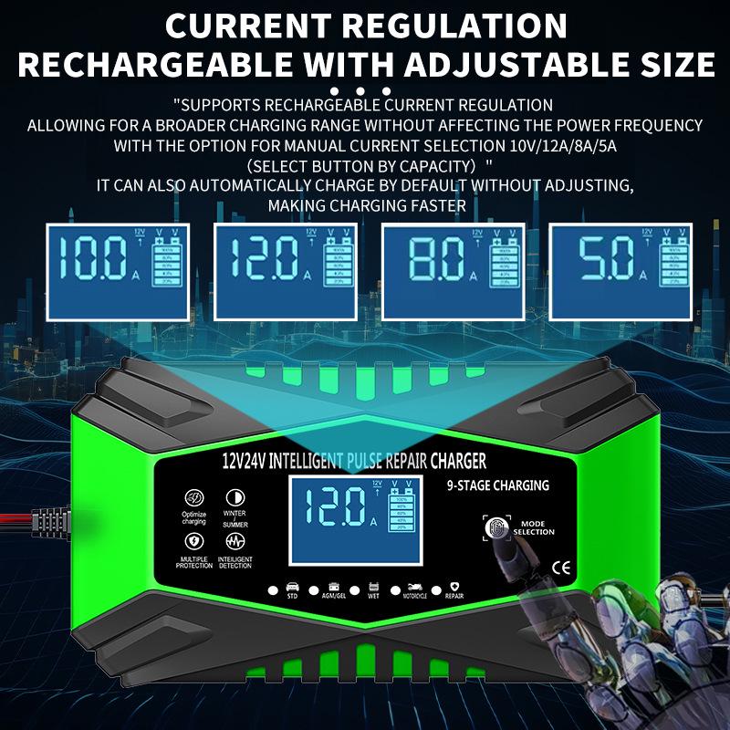 12V/24V Intelligent Pulse Repair Lead-Acid Car Battery Charger, Nine-Stage Optimization