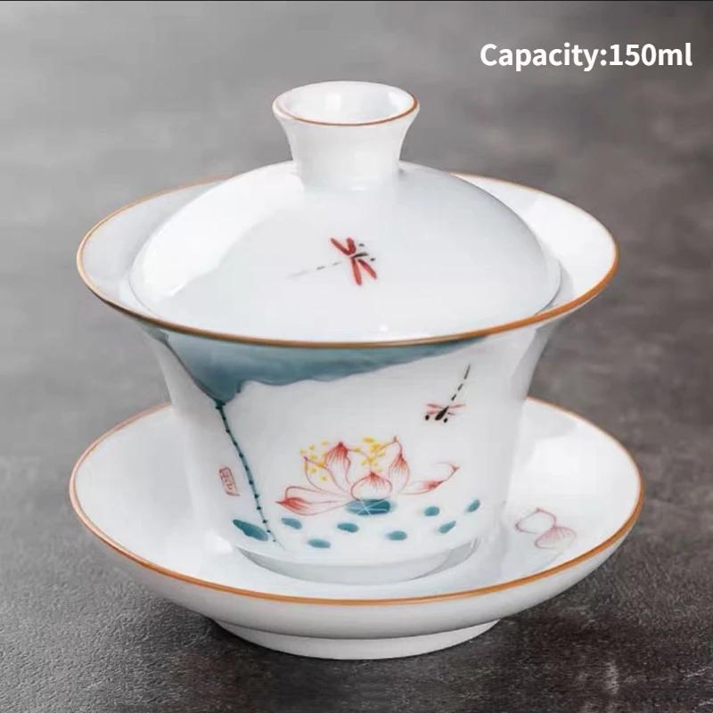 Jingdezhen-Porcelain Tea Set, Ceramic Teacups and Saucers, Handpainted Lotus, Travel, Easy Gaiwan, Porcelain Cup, Tableware