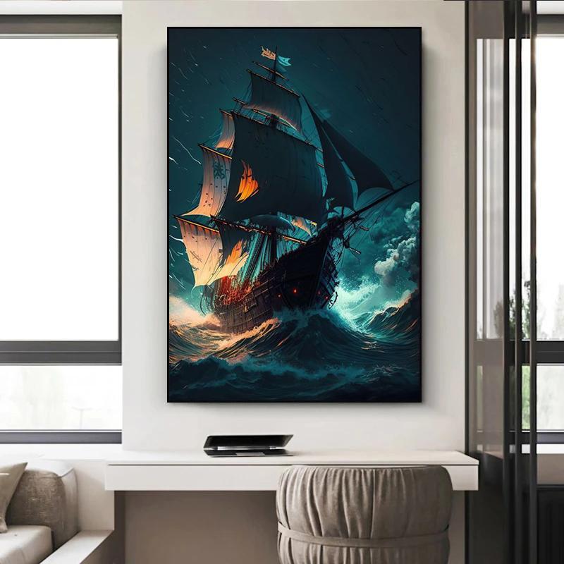 Ocean Sailing Sailboat Canvas Posters and Prints Abstract Painting Wall Art Pictures for Living Room Home Decoration