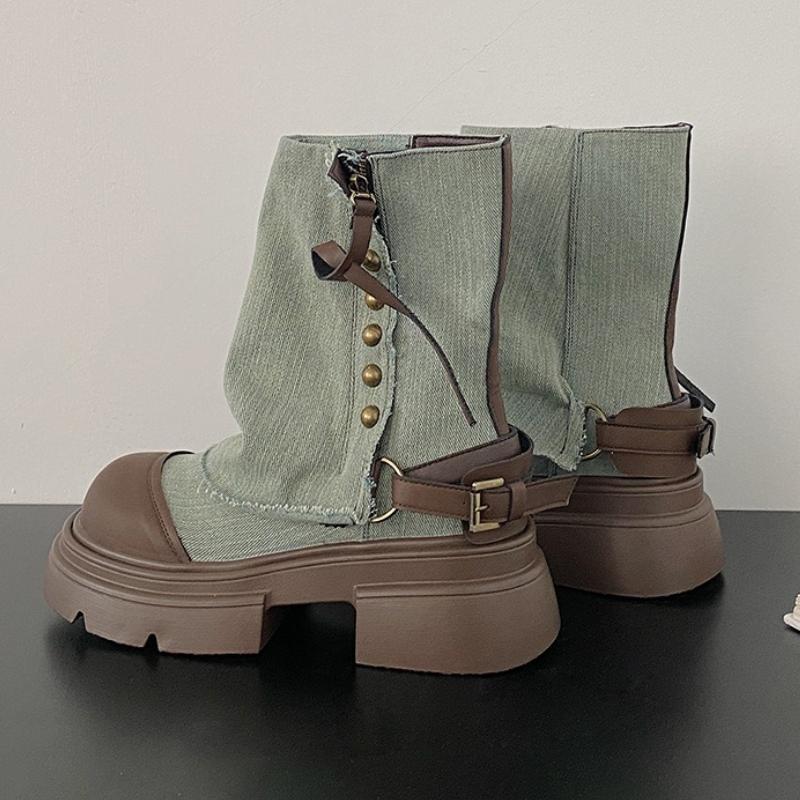 High Quality Brand Designer Ankle Boots Women Rivet Decoration Western Denim Boots Fashion Non-slip Thick Bottom Platform Shoes