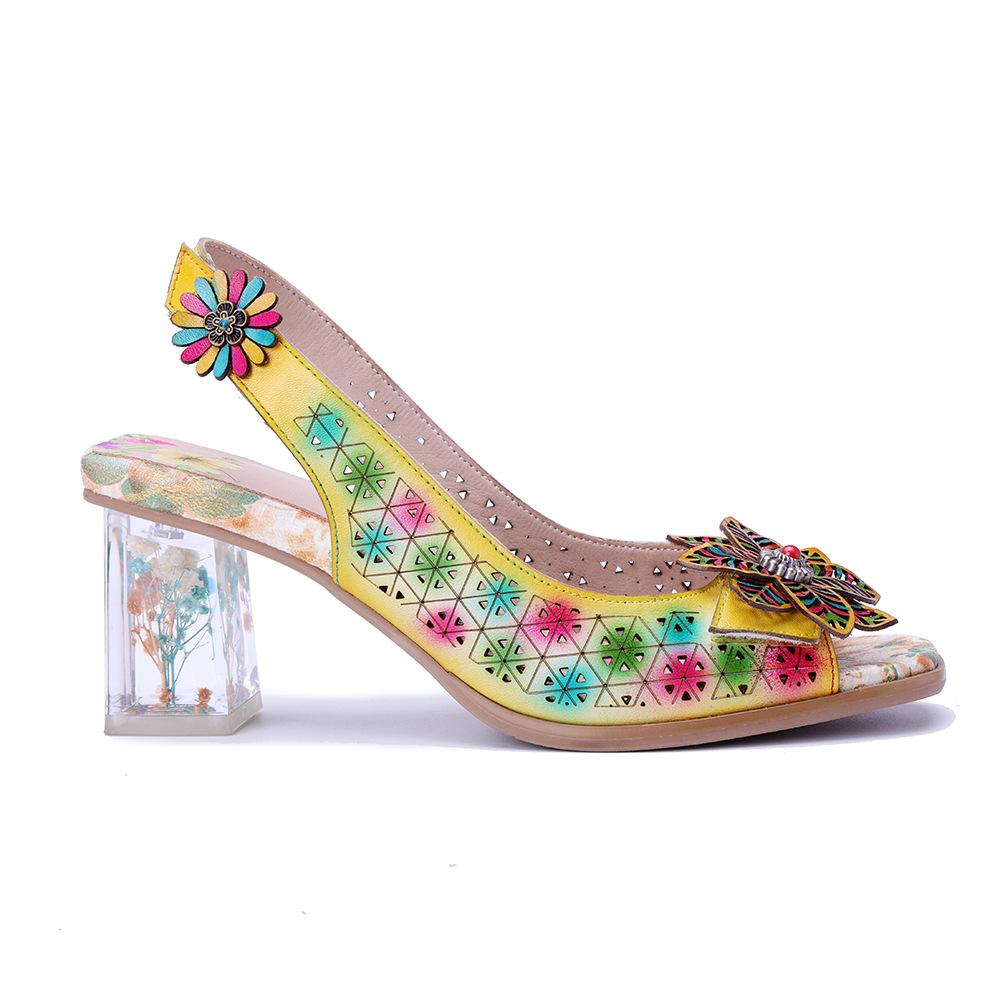Johnature Genuine Leather Retro Baroque Style Hollow Out Colorful Three-dimensional Flower High-heeled Sandals
