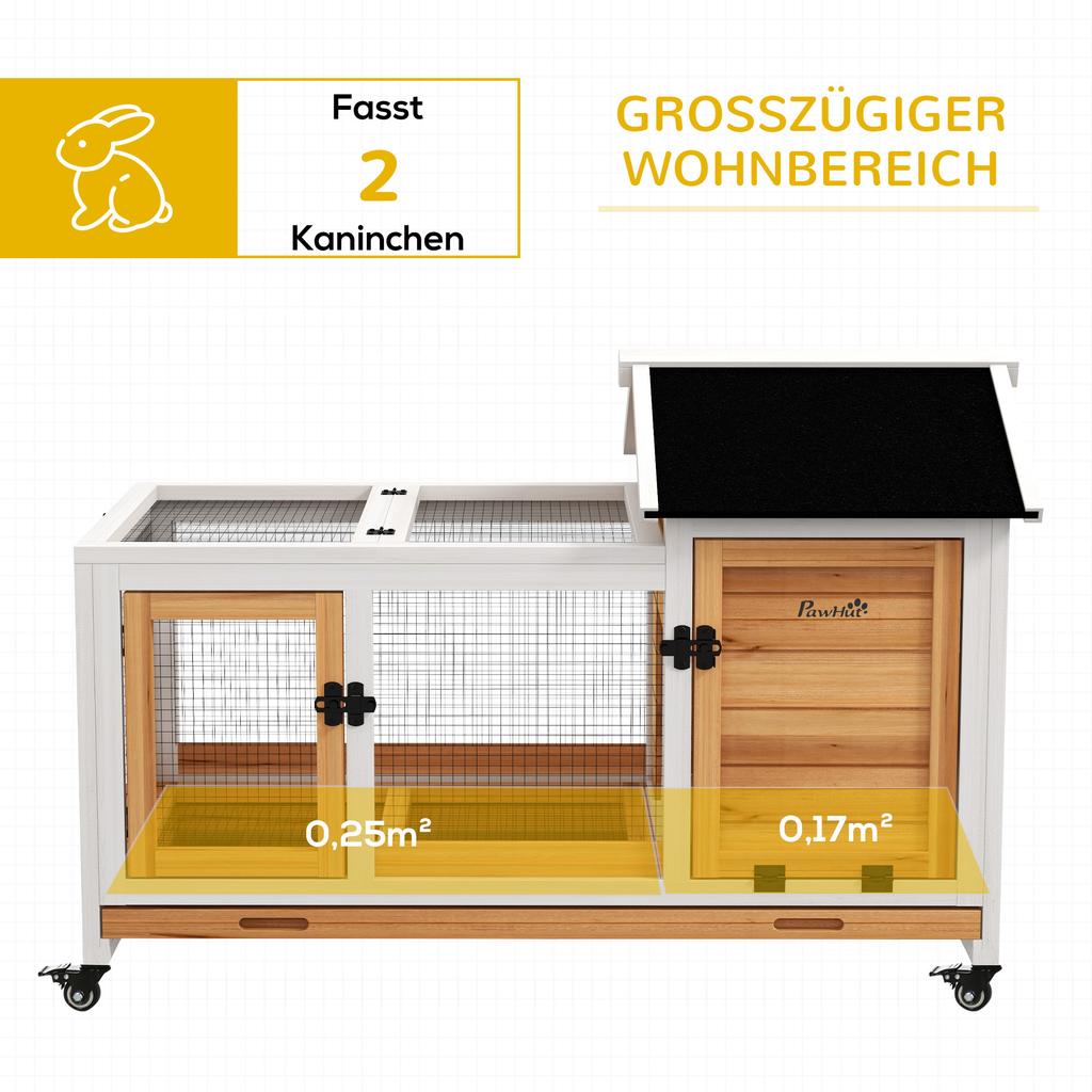 Wooden Rabbit Hutch, Guinea Pig Cage, with Removable Tray, Wheels - Yellow
