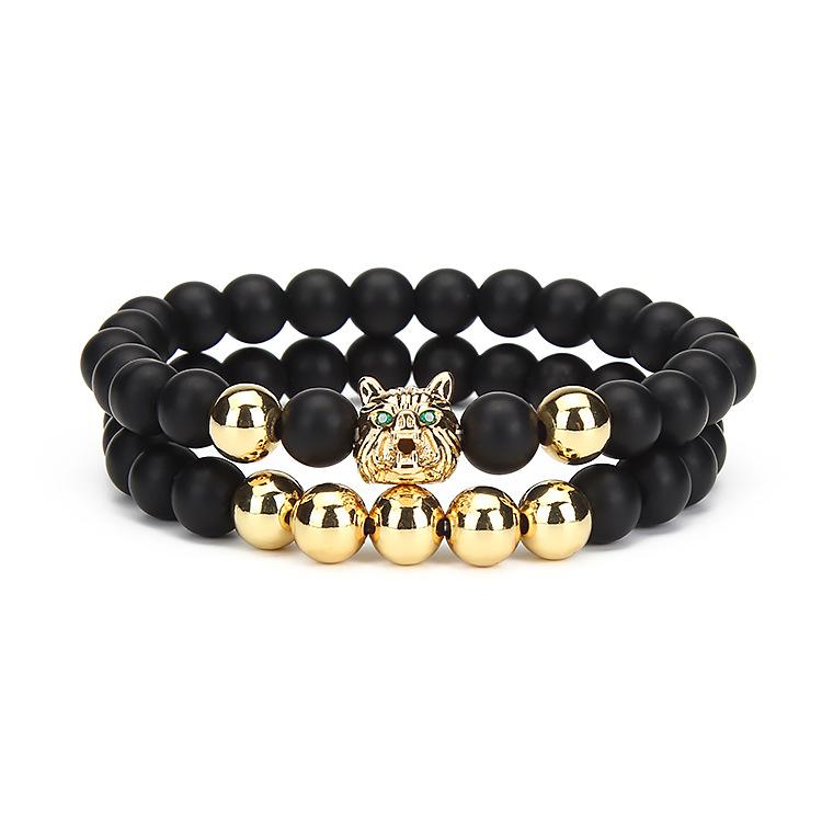 Micro Pave Wolf Head Zircon Bracelet Set, Frosted Matte Stone Beaded Bracelets