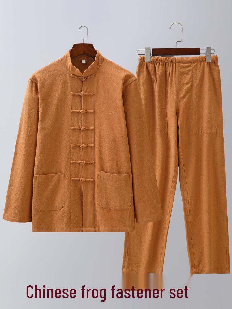 Men's Chinese Style Long-Sleeve Tang Suit Set with Frog Buttons - Retro Tea & Tai Chi Two-Piece