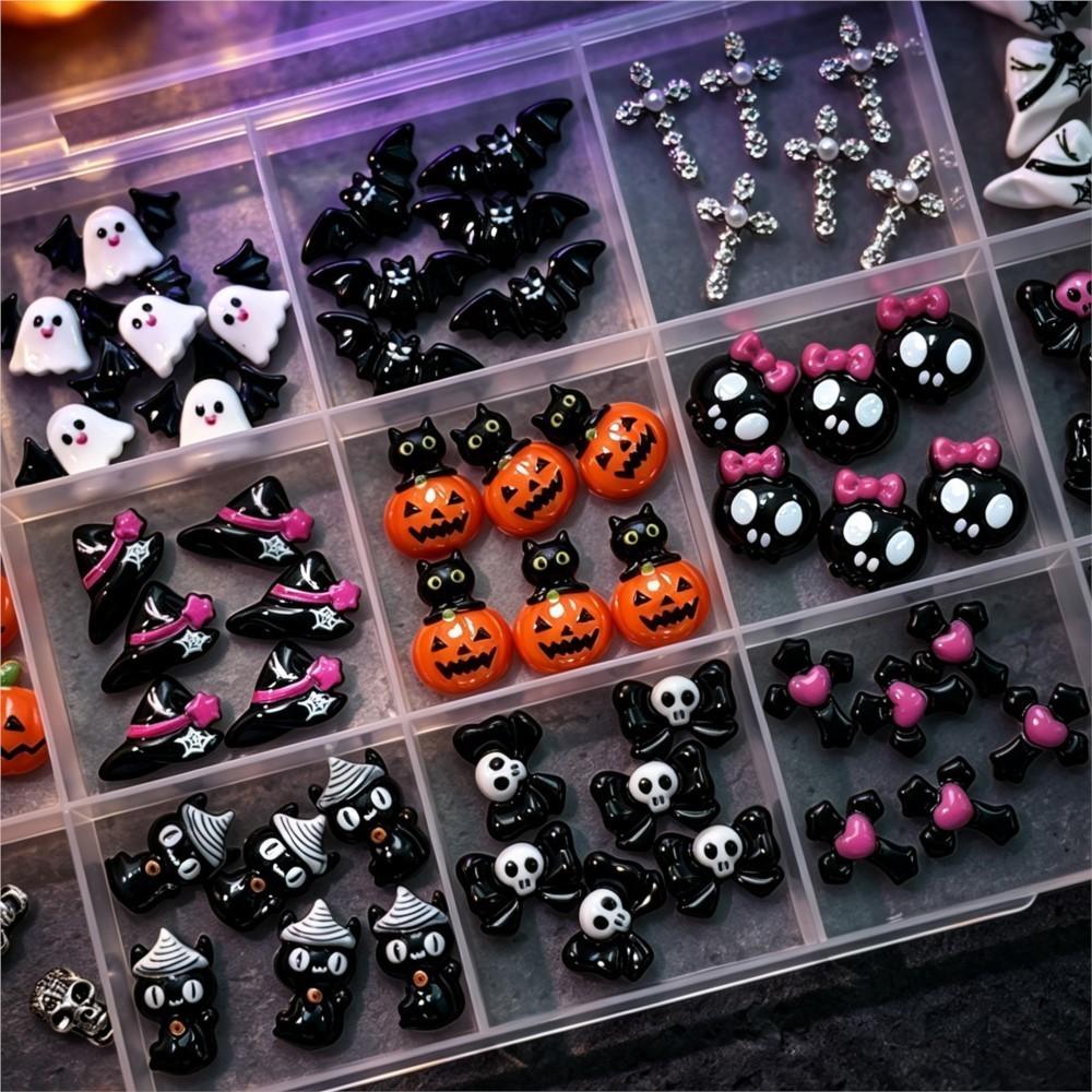 15grid/90pcs 3D Cute Halloween Pumpkin/Skull/Ghost/Cross Nail Gems Black Cat Bow Bat Nail Charms Resin Flatback Halloween Nails