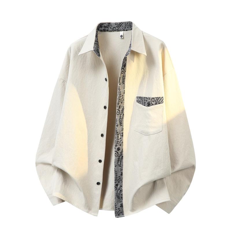 Chinese Style Color Block Loose Fit Long Sleeve Shirt For Men Autumn Casual