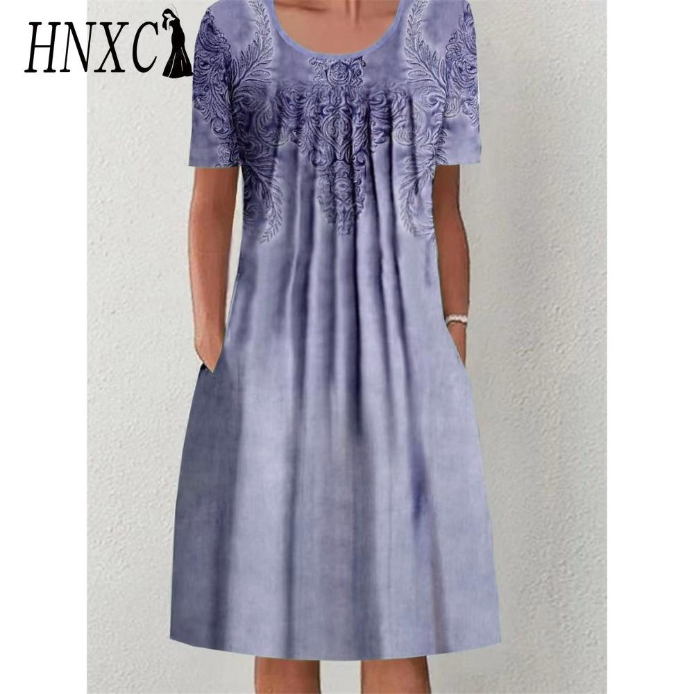 HNXC 30 Color Pleated Midi Dress Short Sleeve Round Neck Loose Hem Mid-Calf Length Women Floral A-Line Party Dress Casual Wear