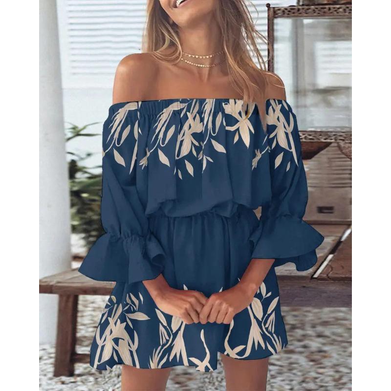 Sexy Fashion Shoulder Print Dress Women's Clothing
