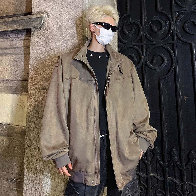 

2025 Spring and Autumn lapel deerskin velvet jacket men s casual Japanese retro high street trendy brand student Harajuku American jacket S