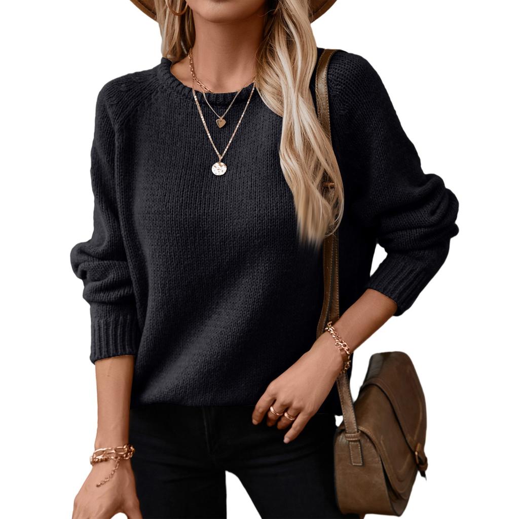 Women's Fashion Casual Round Neck Solid Color Rolled Hem Pullover Long Sleeve Loose Sweater