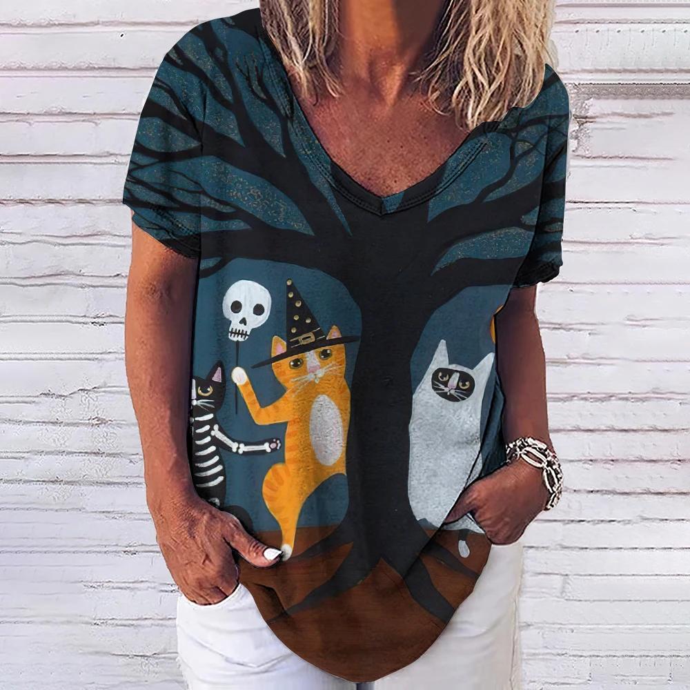 Women's T-shirt 3D Fashionable Cat Print V-neck Short Sleeved Basic Top Street Wear Summer Casual Loose Fitting Women's Clothing