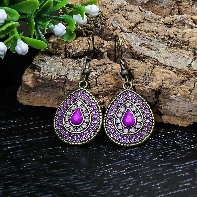 Colorful Ethnic Vintage Round Geometric Flower Drop Dangle Earrings For Women Crystal Enamel Ornament Bohemian Wedding Zircon
