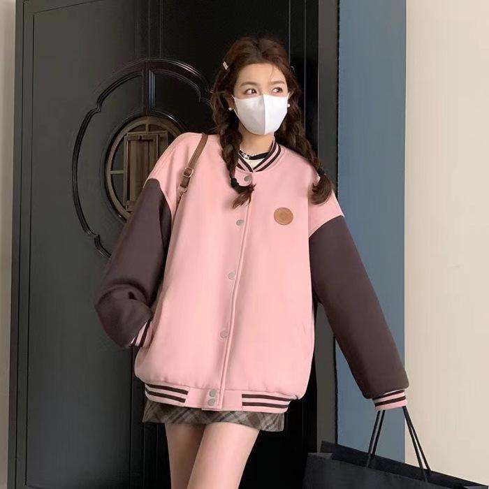 

Women s Pink Retro College Style Baseball Jacket - Spring/Autumn Patchwork Casual Top Large розовый