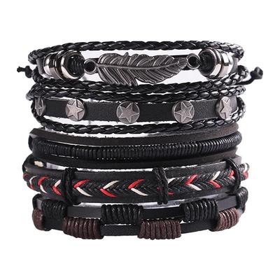 Retro Mehrschichtiges Punk-Armband aus Rindsleder mit Blatt- und Sternanhängern aus echtem Leder