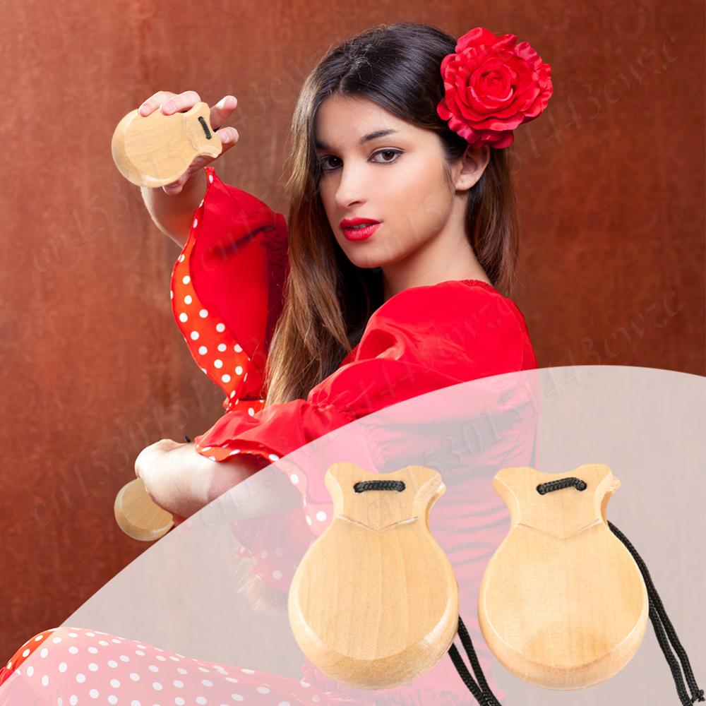 2/4Pcs Wooden Spanish Castanets Finger Castanet &Rope Traditional Flamenco Castanet Beginners Percussion Orff Music Instrument