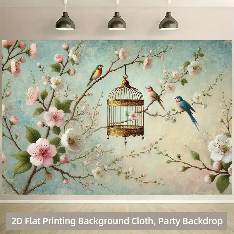 Bird and Blossom Tapestry, Vintage Birdcage Background Cloth, Home Decor