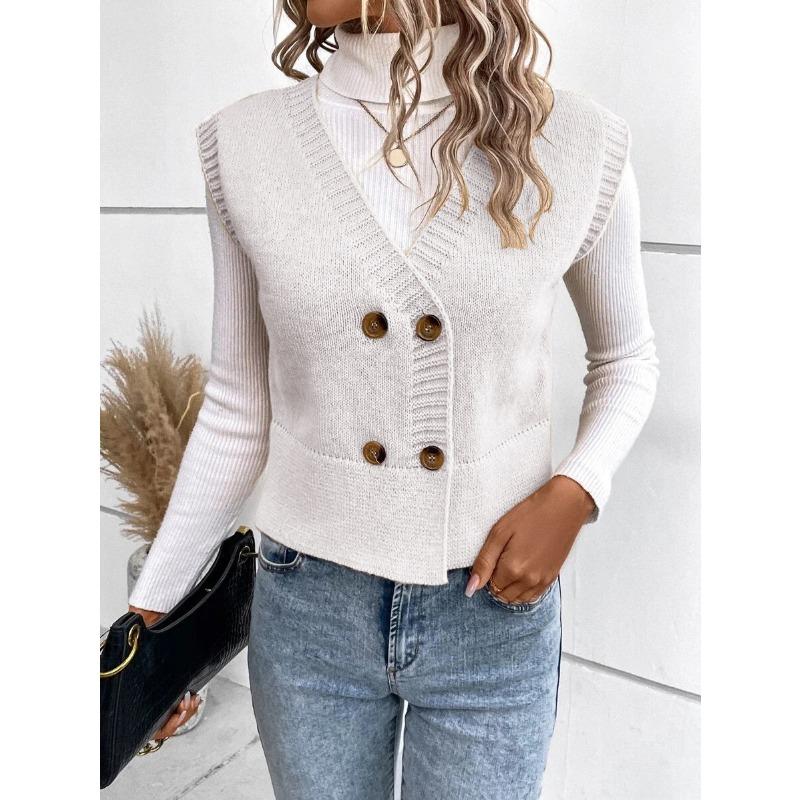 Women S Knit Vest V Neck Double Breasted Button Casual Cardigan