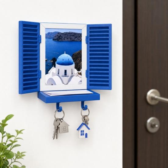 Key Holder with Hidden Storage Shelf, Mediterranean-Style Window Frame Photo Display Stand, Functional Entryway Organizer with Blinds Decor