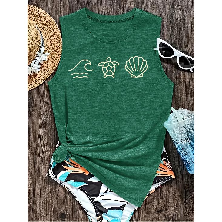 Elegant Vest for Women Wave, Sea Turtle, and Shell Pattern Printed Casual Loose Summer Vest Fashionable and Elegant Tops for Commuting, Vacation, and